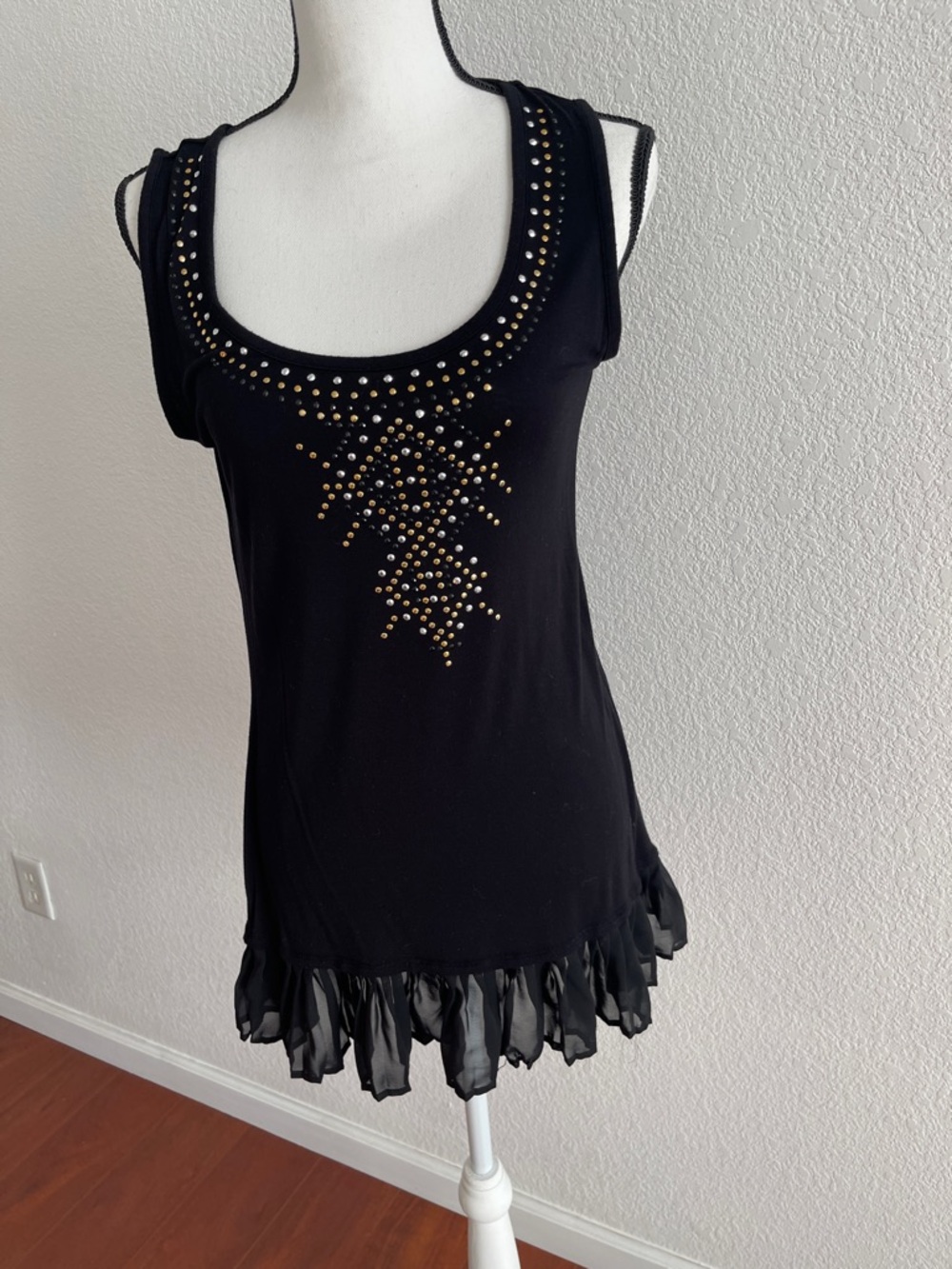 Belldini Black Tank Top with Gold Stud Accents and Ruffle Hem